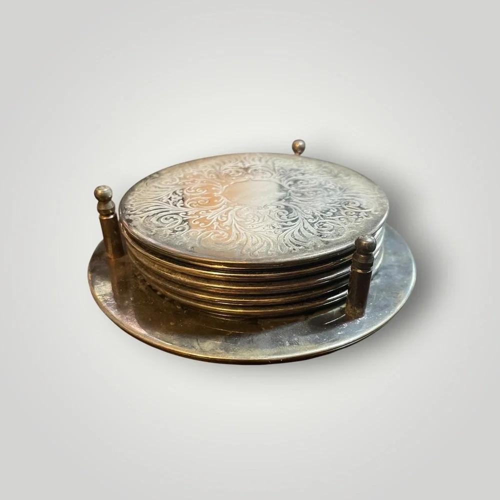 MCM Coaster Set Silver Embossed Acanthus Leaf 6pc Hollywood‎ Regency Chippendale